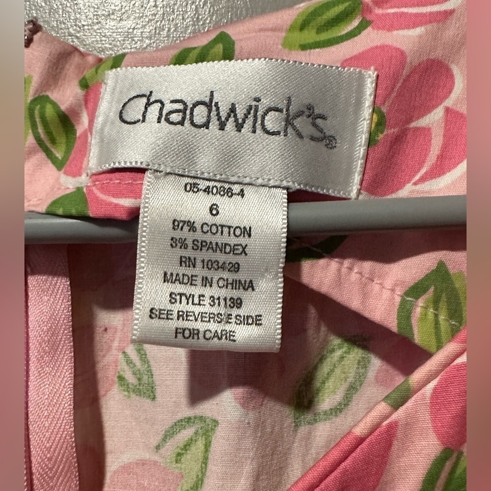 Vintage CHADWICKS sleeveless pink floral dress with cute pink bow at collar SZ 6 - Picture 3 of 3